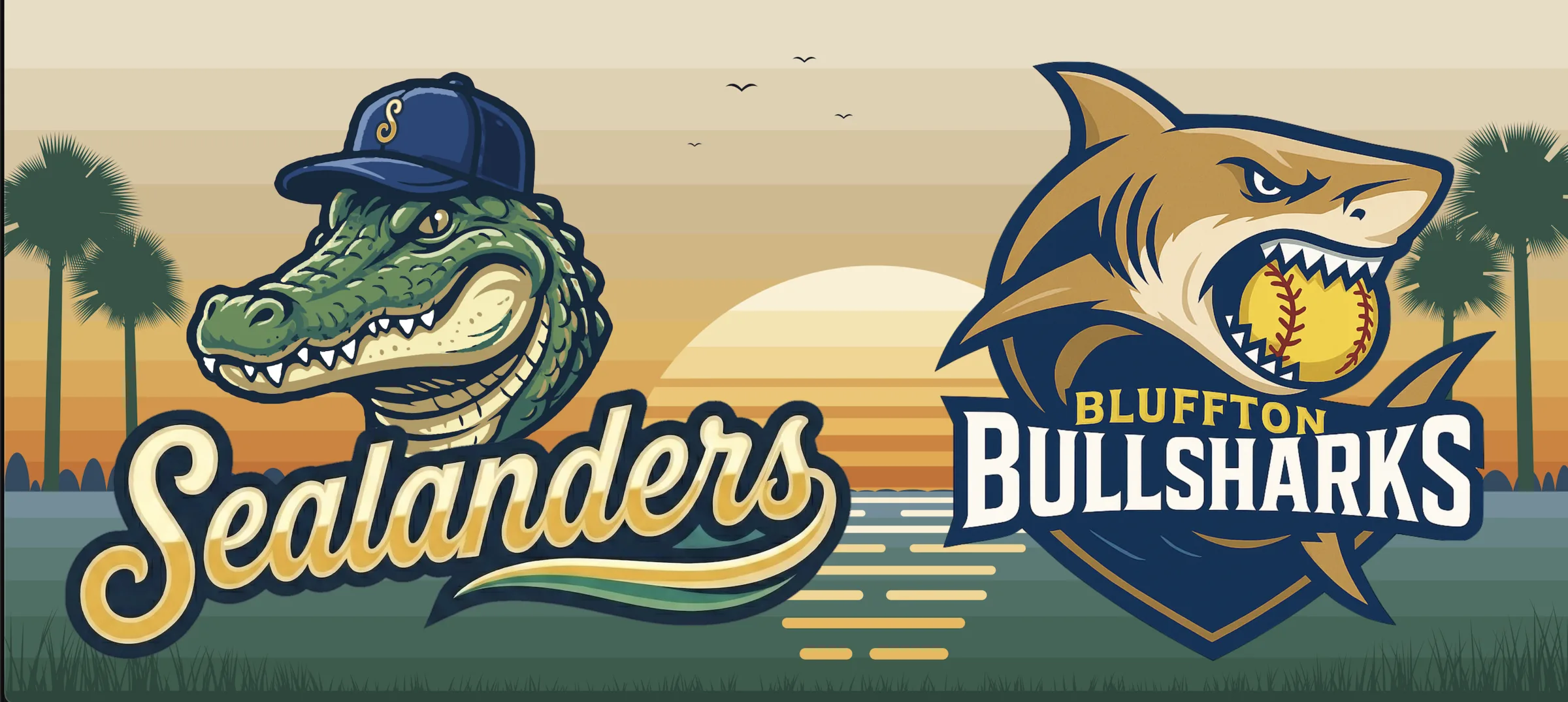 Chomp the Sealanders gator and the Bluffton Bullsharks shark, side by side over a Lowcountry sunset